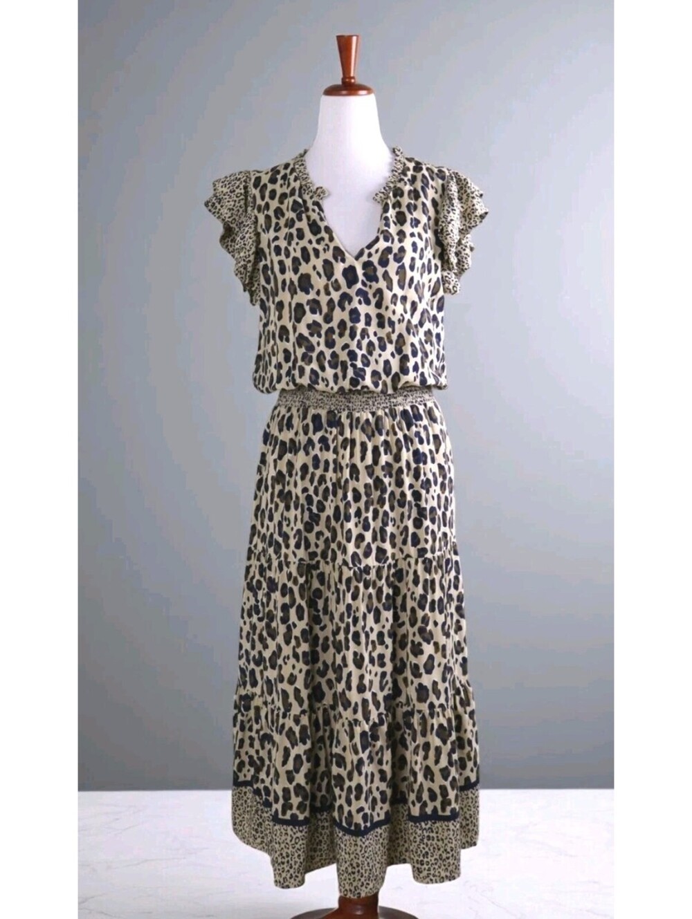 VINEYARD VINES Dress Midi Women's XL Mixed Leopard Ruffle Smocked A-Line $168